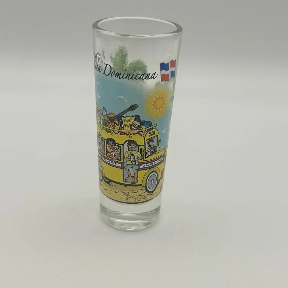 Republica Dominicana Souvenir Tall Shot Glass Hand Painted Bus Scene Dominican
